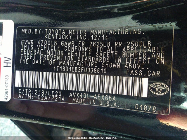 2015 Toyota Avalon, VIN: 4T1BD1EB3FU038610