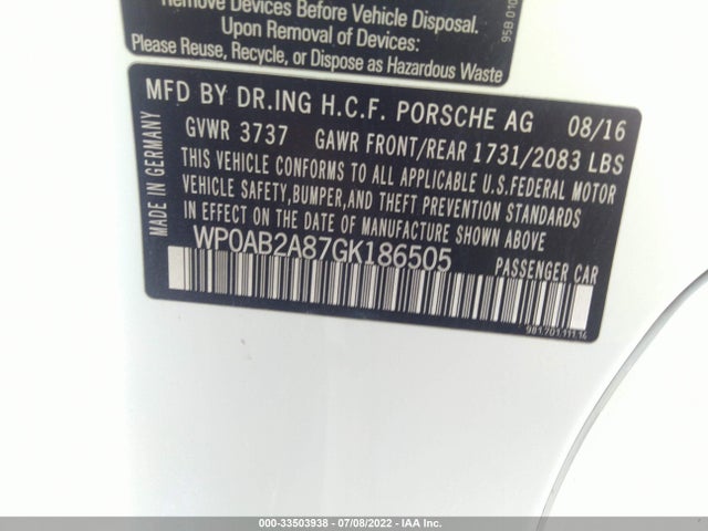 2016 Porsche Cayman, VIN: WP0AB2A87GK186505