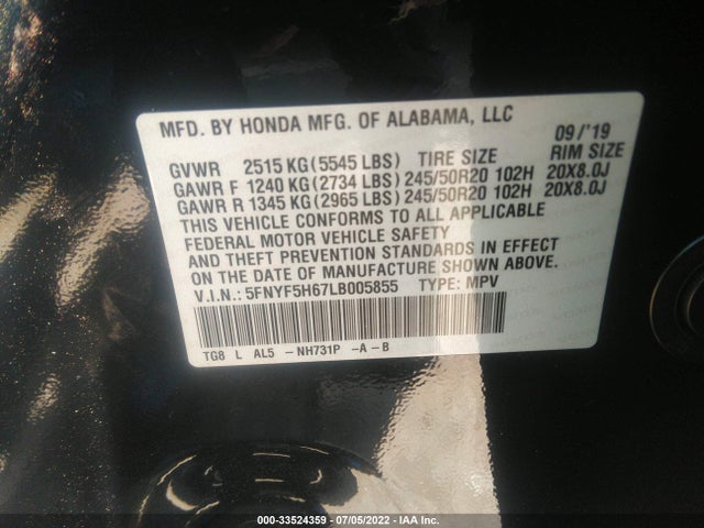 2020 Honda Pilot, VIN: 5FNYF5H67LB005855