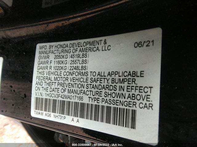2021 Honda Accord, VIN: 1HGCV3F42MA017166