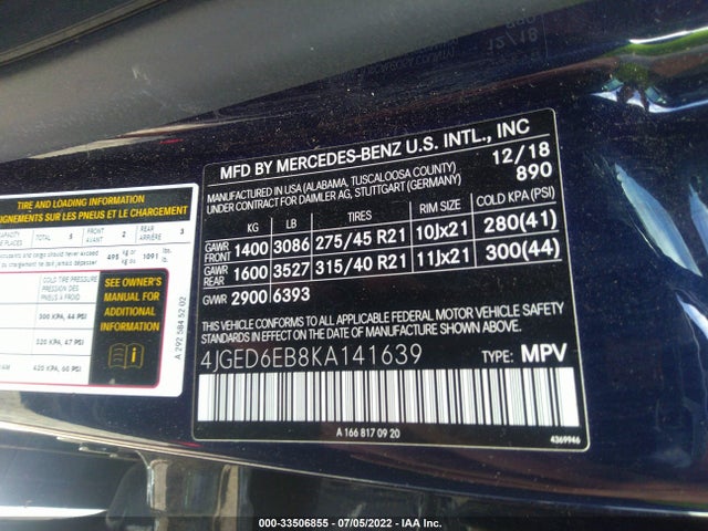 2019 Mercedes-Benz GLE-Class, VIN: 4JGED6EB8KA141639