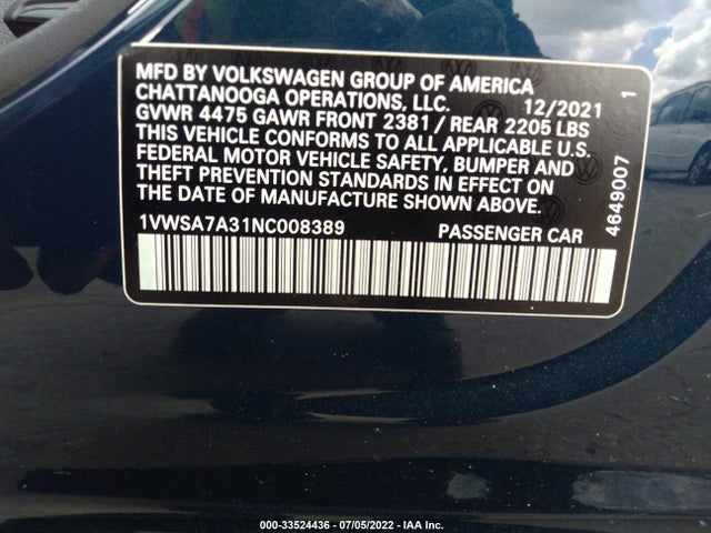 2022 Volkswagen Passat, VIN: 1VWSA7A31NC008389