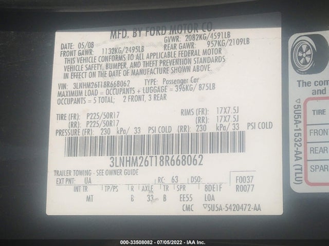 Lincoln MKZ 2008 3LNHM26T18R668062 Image 9