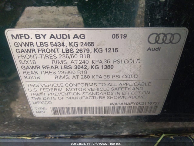WA1ANAFY0K2116731 Audi Q5 PREMIUM