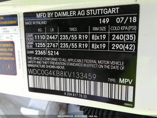 2019 Mercedes-Benz GLC-Class, VIN: WDC0G4KB8KV133459