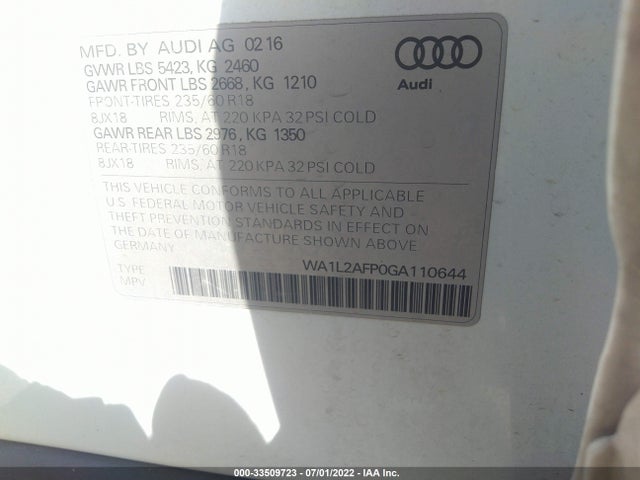 2016 Audi Q5, VIN: WA1L2AFP0GA110644