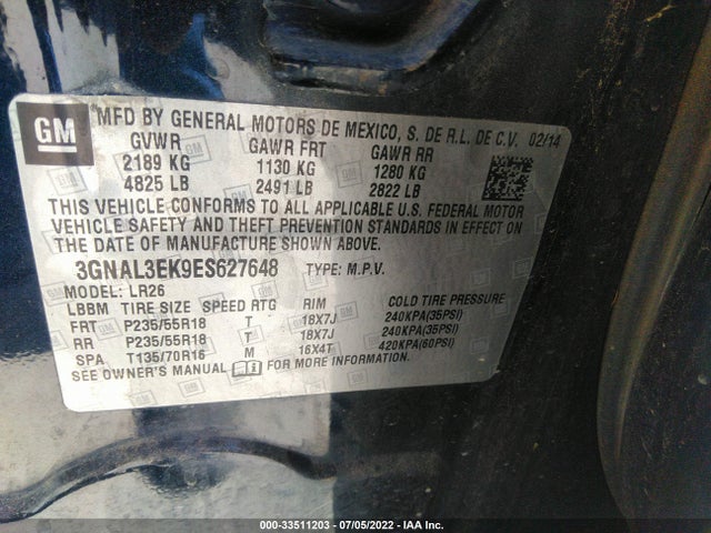 2014 Chevrolet Captiva Sport, VIN: 3GNAL3EK9ES627648
