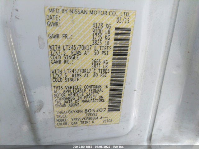 2015 Nissan NV, VIN: 1N6AF0KY8FN805307