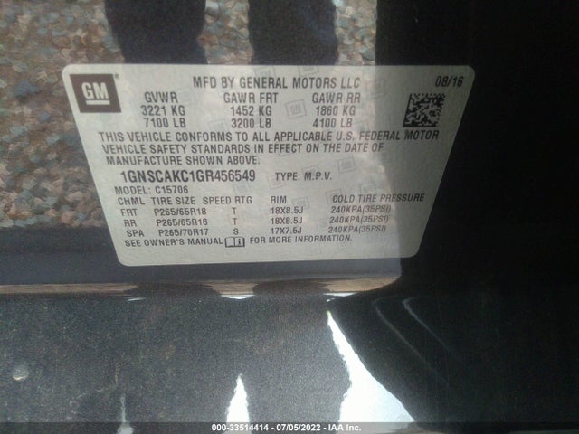 2016 Chevrolet Tahoe, VIN: 1GNSCAKC1GR456549