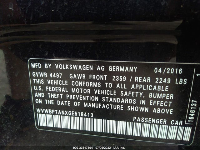 2016 Volkswagen CC, VIN: WVWBP7ANXGE518413