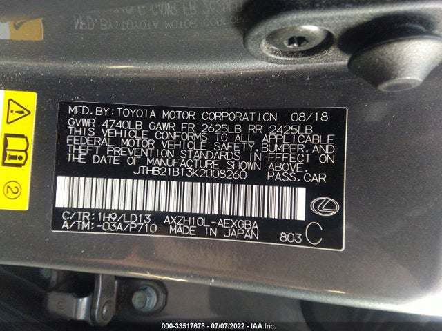 2019 Lexus ES, VIN: JTHB21B13K2008260