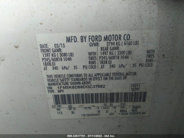 33517751 :رقم المزاد ، 1FM5K8D88DGC37682 vin ، 2013 Ford Explorer Xlt مزاد بيع