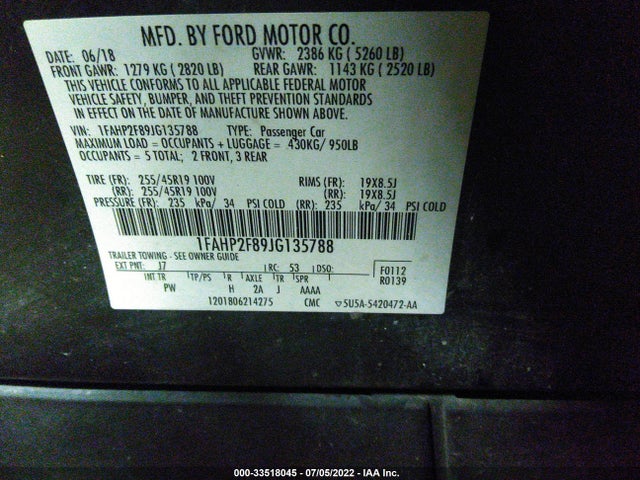 2018 Ford Taurus, VIN: 1FAHP2F89JG135788