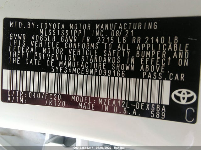 2022 Toyota Corolla, VIN: 5YFS4MCE9NP099166