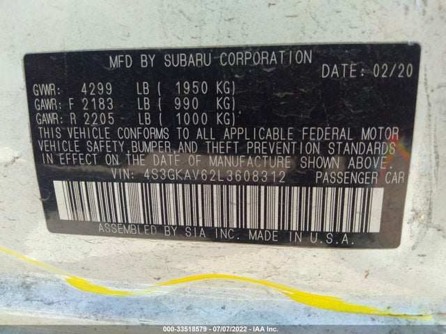 2020 Subaru Impreza, VIN: 4S3GKAV62L3608312