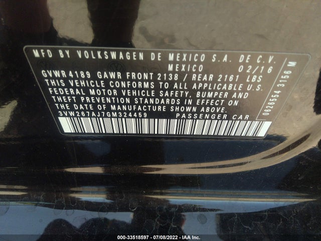 33518597 :رقم المزاد ، 3VW267AJ7GM324459 vin ، 2016 Volkswagen Jetta Sedan 1.4t S مزاد بيع