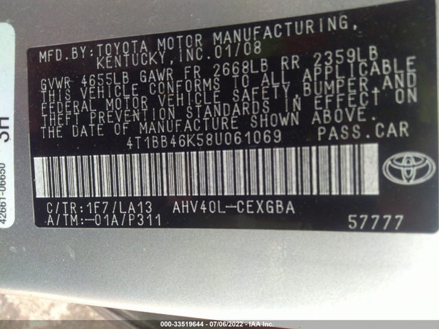 2008 TOYOTA CAMRY HYBRID VIN: 4T1BB46K58U061069