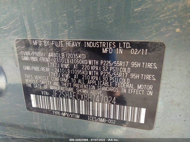 2011 SUBARU FORESTER 2.5X LIMITED VIN: JF2SHAECXBH747024