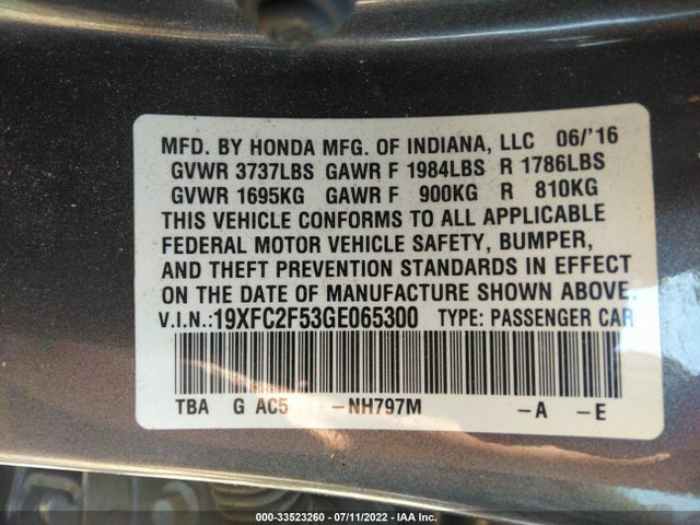 Honda Civic Sedan Lx 2016 19XFC2F53GE065300 Image 9