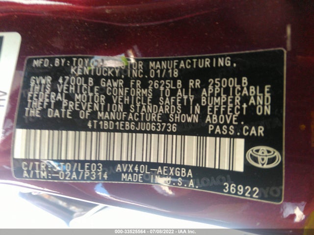 2018 Toyota Avalon, VIN: 4T1BD1EB6JU063736