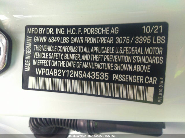2022 Porsche Taycan, VIN: WP0AB2Y12NSA43535