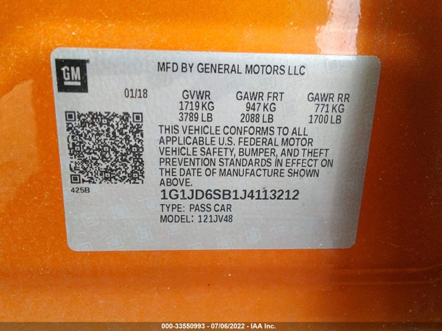 2018 Chevrolet Sonic, VIN: 1G1JD6SB1J4113212