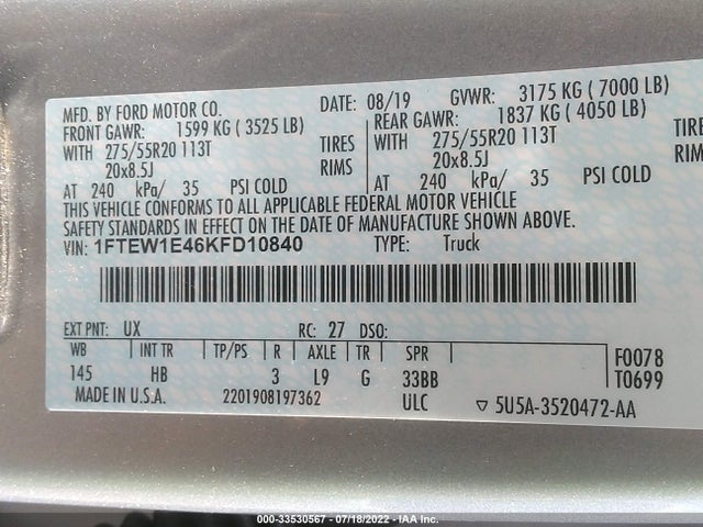 Ford F-150 Lariat 2019 1FTEW1E46KFD10840 Image 9