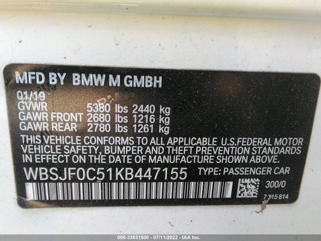 2019 BMW M5, VIN: WBSJF0C51KB447155