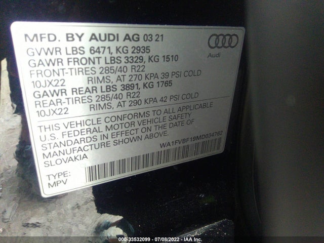 2021 Audi Q8, VIN: WA1FVBF19MD034762