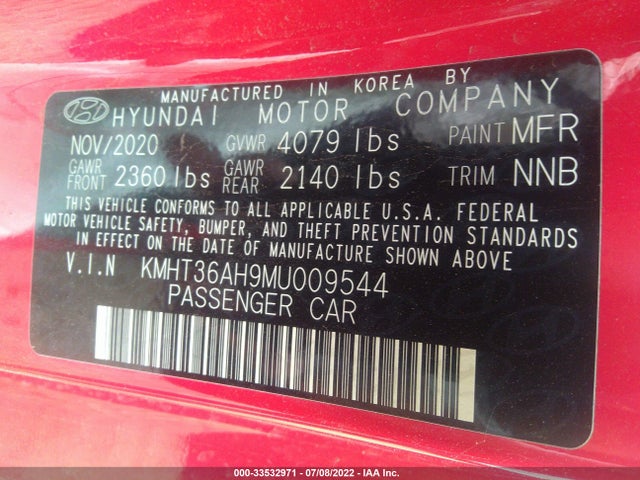 2021 Hyundai Veloster, VIN: KMHT36AH9MU009544