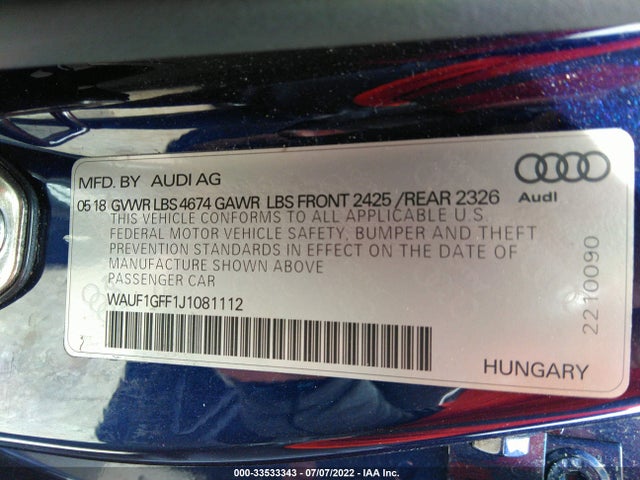 2018 Audi S3, VIN: WAUF1GFF1J1081112