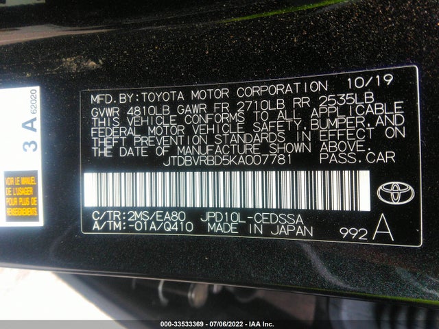 2019 Toyota Mirai, VIN: JTDBVRBD5KA007781