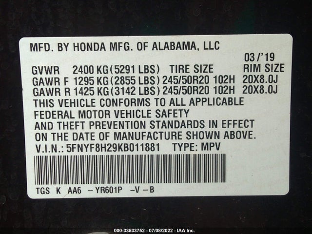 2019 Honda Passport, VIN: 5FNYF8H29KB011881