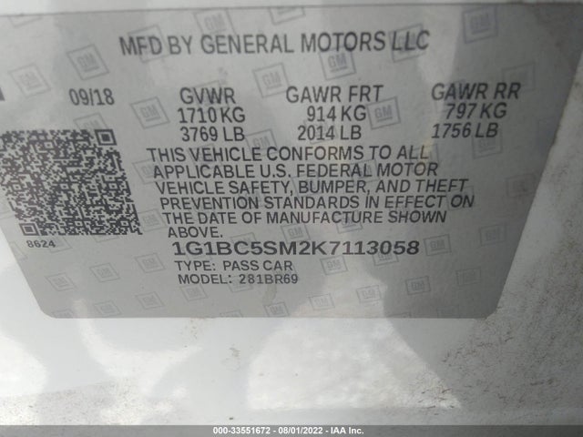 2019 Chevrolet Cruze, VIN: 1G1BC5SM2K7113058