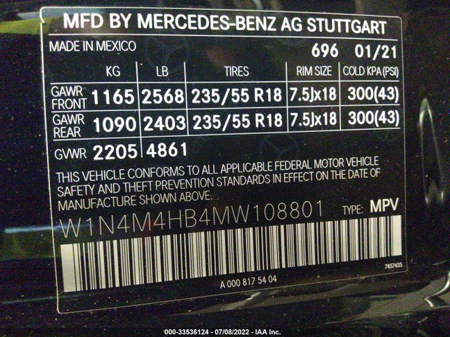 2021 Mercedes-Benz GLB-Class, VIN: W1N4M4HB4MW108801