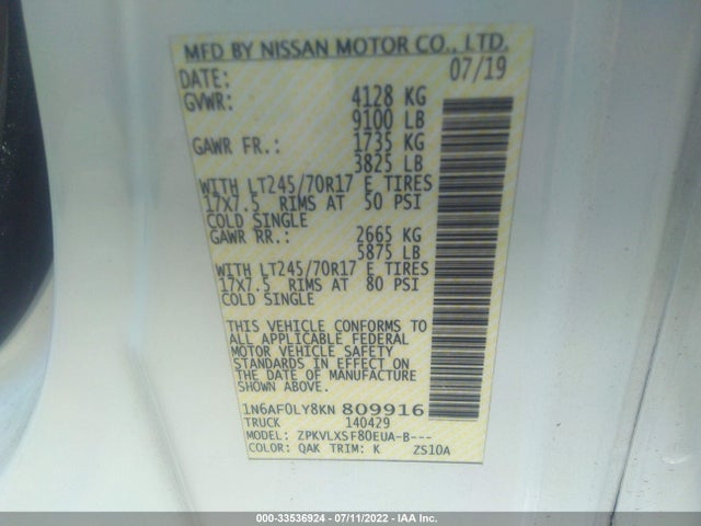 2019 Nissan NV, VIN: 1N6AF0LY8KN809916