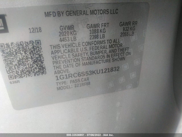 2019 Chevrolet Volt, VIN: 1G1RC6S53KU121832