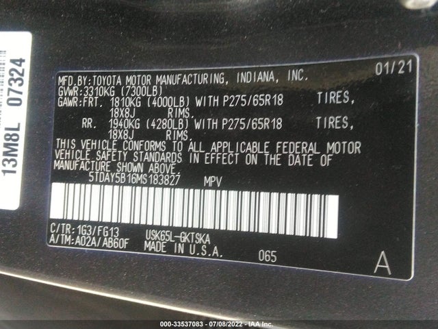 2021 Toyota Sequoia, VIN: 5TDAY5B16MS183827