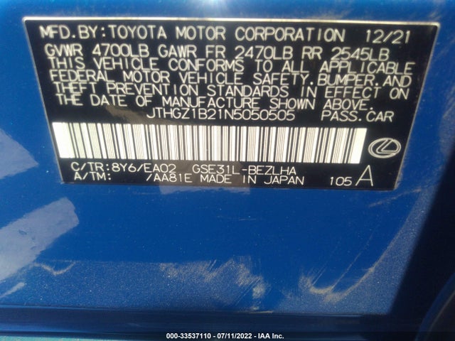 JTHGZ1B21N5050505 Lexus Is Is 350 F Sport