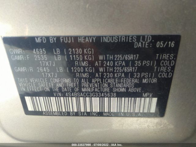 4S4BSACC3G3345638 Subaru Outback 2.5i Premium