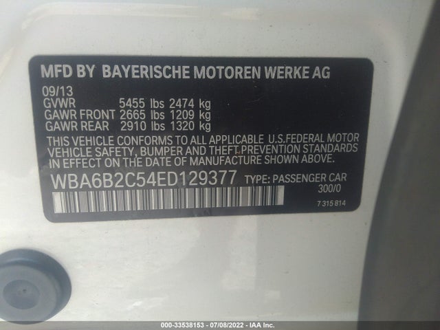 2014 BMW 6 Series, VIN: WBA6B2C54ED129377