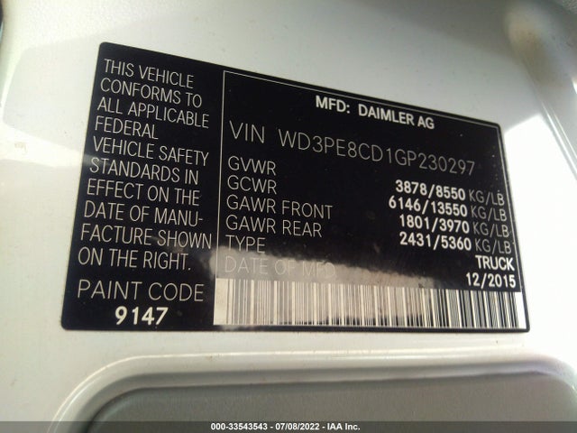 2016 Mercedes-Benz Sprinter, VIN: WD3PE8CD1GP230297