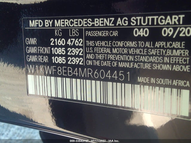 2021 Mercedes-Benz C-Class, VIN: W1KWF8EB4MR604451