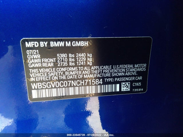 2022 BMW M8, VIN: WBSGV0C07NCH71584