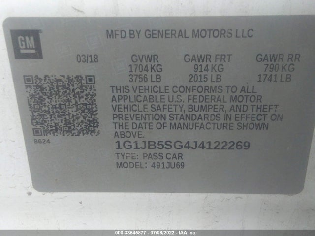 2018 Chevrolet Sonic, VIN: 1G1JB5SG4J4122269