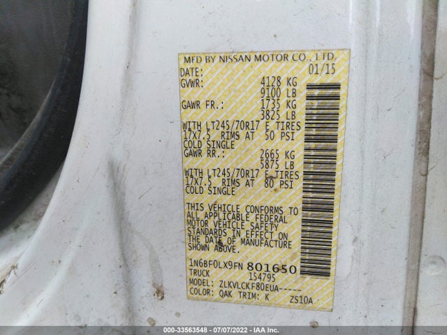 2015 Nissan NV, VIN: 1N6BF0LX9FN801650