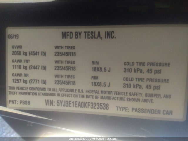 Tesla Model 3 Range 2019 5YJ3E1EA0KF323538 Image 9