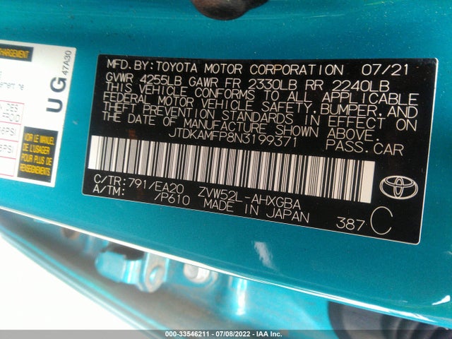 2022 TOYOTA PRIUS PRIME LE/XLE/LIMITED VIN: JTDKAMFP8N3199371