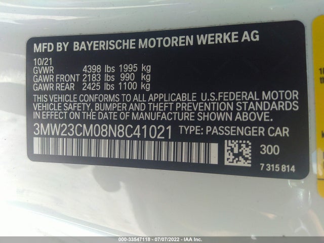 2022 BMW 2 Series, VIN: 3MW23CM08N8C41021