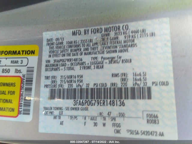 2014 FORD FUSION S VIN: 3FA6P0G79ER148136